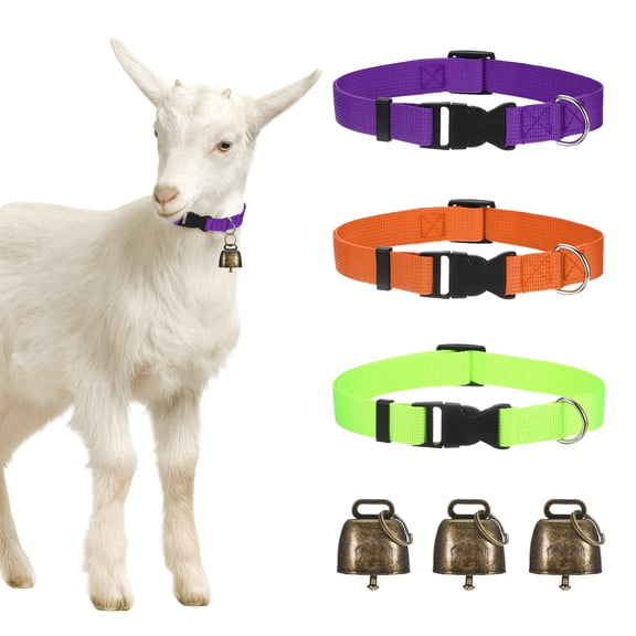 Uxcell 3-Pack Goat Collars with Bells, 13.8"-20.5" Polyester Adjustable Pet Collar with Anti-Lost Grazing Copper Bell [Purple, Orange, Green]