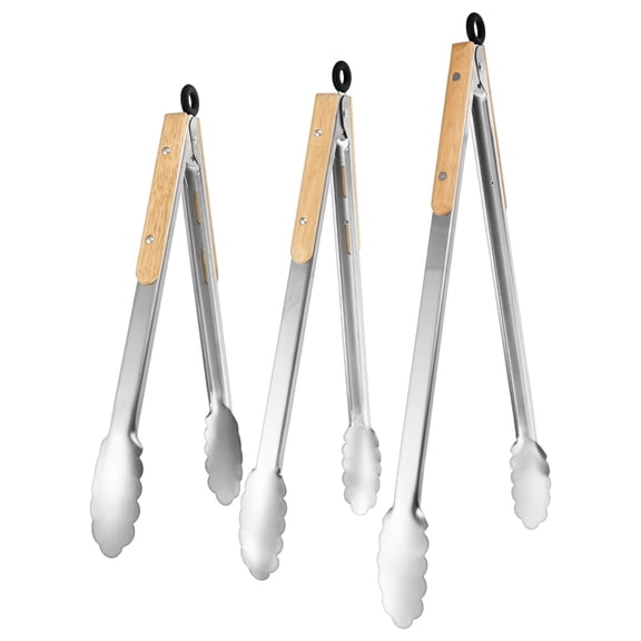 Uxcell 3-Pack Grill Tongs, 15.6/17.5/13.1 Inch Stainless Steel Locking Tongs with Oak Wood Handle [Silver Tone]