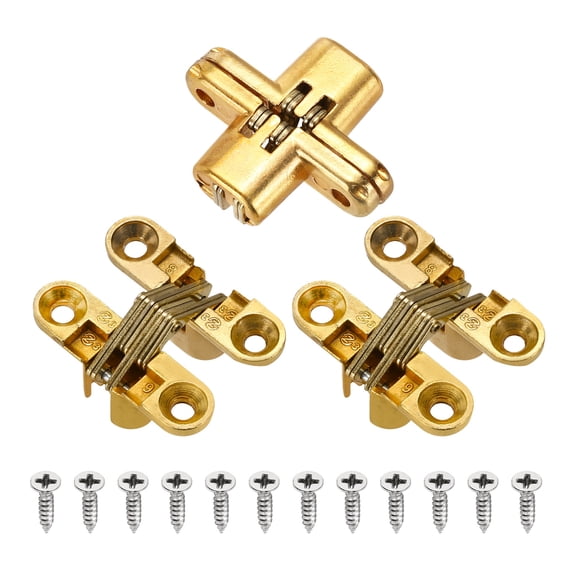 Uxcell 3 Pack Hidden Cabinet Door Hinges, 1.61" x 0.45" 180 Degree Cross Concealed Hinge for Wooden Box Invisible Door, Gold