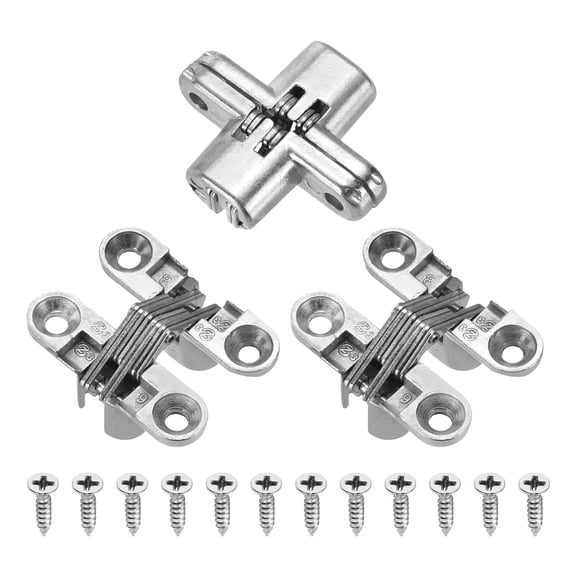 Uxcell 3 Pack Hidden Cabinet Door Hinges, 1.65" x 0.45" 180 Degree Cross Concealed Hinge for Wooden Box Invisible Door, Silver