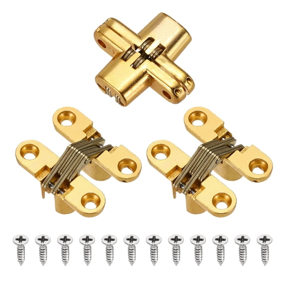 Uxcell 3 Pack Hidden Cabinet Door Hinges, 1.65" x 0.49" 180 Degree Cross Concealed Hinge for Wooden Box Invisible Door, Gold