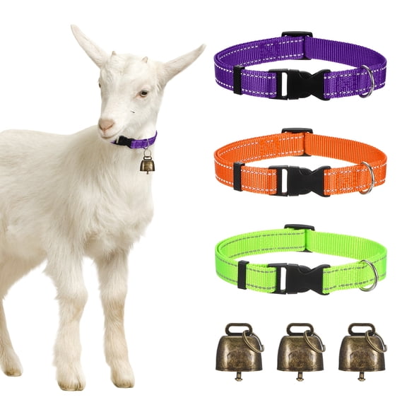 Uxcell 3-Pack Reflective Goat Collars with Bells, 13.8"-20.5" Polyester Adjustable Pet Collar with Anti-Lost Grazing Copper Bell for Small Farm Animal/Sheep/Cow [Purple, Orange, Green]