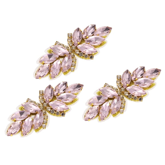 Uxcell 3 Pack Rhinestone Applique, 2.68" x 1.02" Rhinestone Flower Sew on Sewing Appliques Crystal Wedding Dress Appliques for Bridal Clothes Belt Bags Decoration, Pink Gold