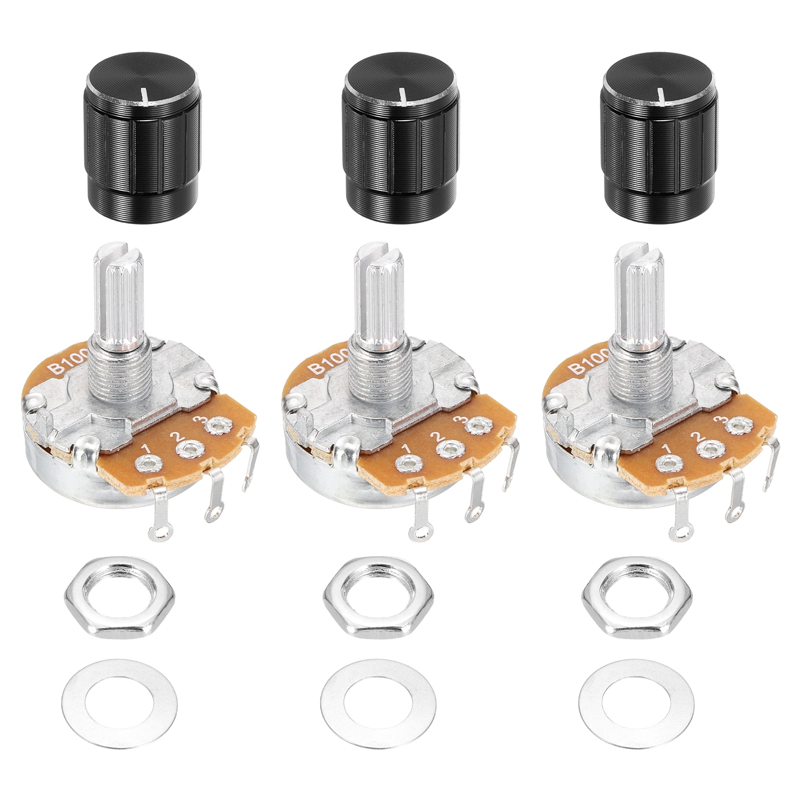 Uxcell 3 Pcs 100K Ohm Rotary Potentiometer, WH138 3 Pin Single Turn ...