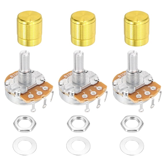Uxcell 3 Pcs 100K Ohm Rotary Potentiometer, WH138 3 Pin Single Turn Linear Taper Variable Resistor Potentiometers with Alloy Knob for Inverter Speed Regulation, Gold