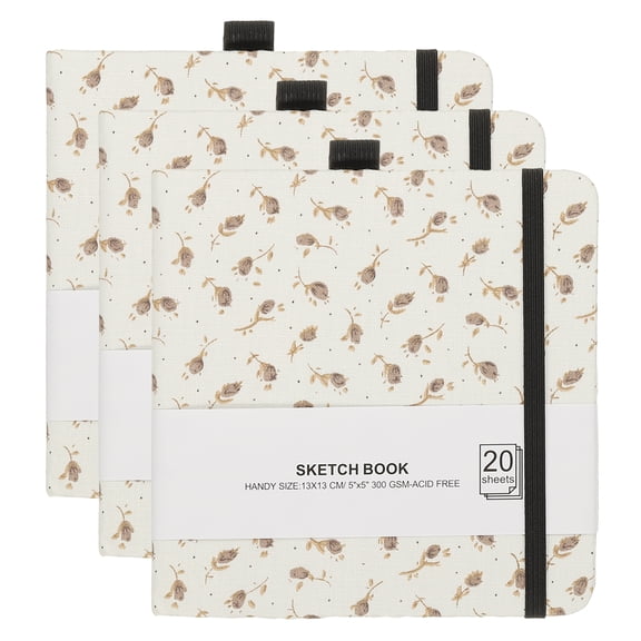 Uxcell 3 Pcs 5.1x5.1" Square Watercolor Sketchbook, 20Sheet 300gsm/140lb Pen Holder, Brown Flower