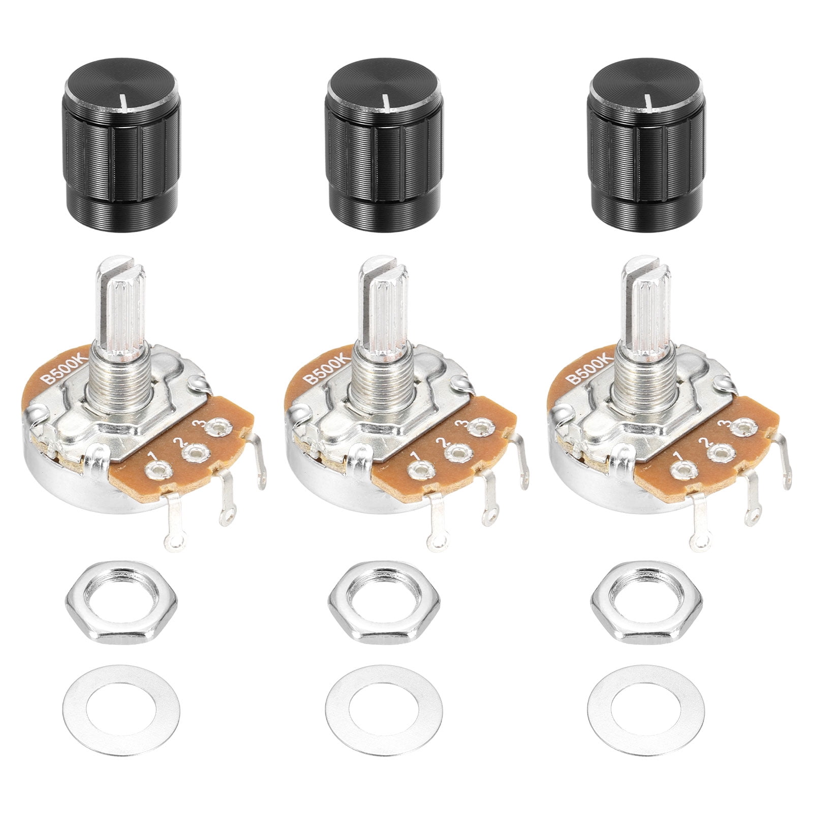 Uxcell 3 Pcs 500K Ohm Rotary Potentiometer, WH138 3 Pin Single Turn ...