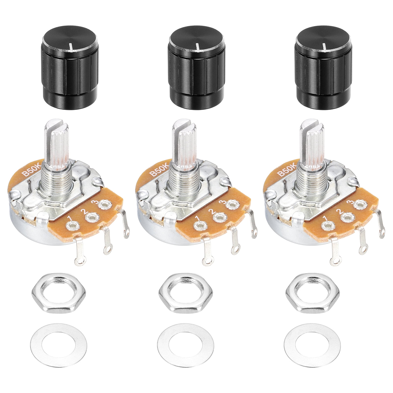 Uxcell 3 Pcs 50K Ohm Rotary Potentiometer, WH138 3 Pin Single Turn ...