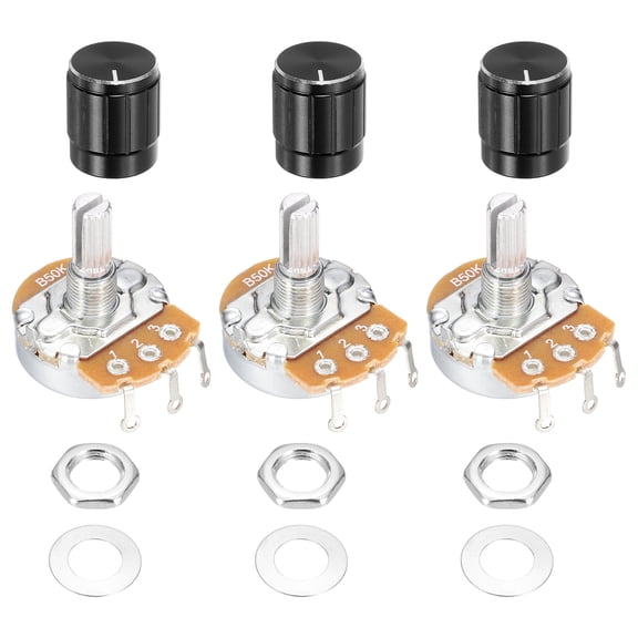 Uxcell 3 Pcs 50K Ohm Rotary Potentiometer, WH138 3 Pin Single Turn Linear Taper Variable Resistor Potentiometers with Alloy Knob for Inverter Speed Regulation, Black