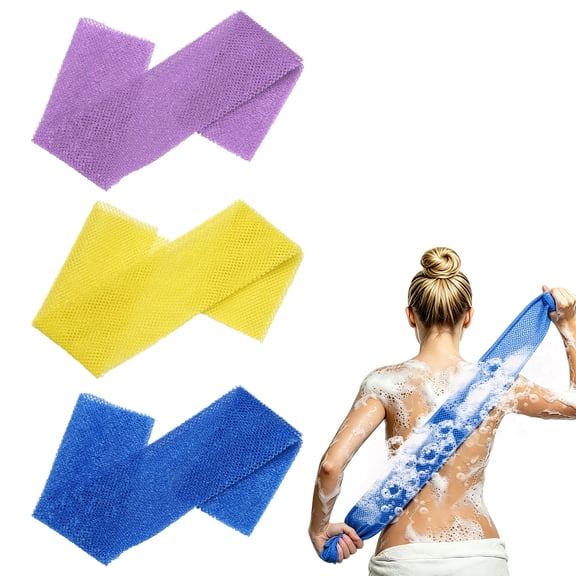 Uxcell 3 Pcs Back Scrubber, Nylon Bath Sponge Extended, 25 Inch African Exfoliating Long Net Body Scrubber Shower Loofah for Women Men Use Bath, Purple/Yellow/Blue