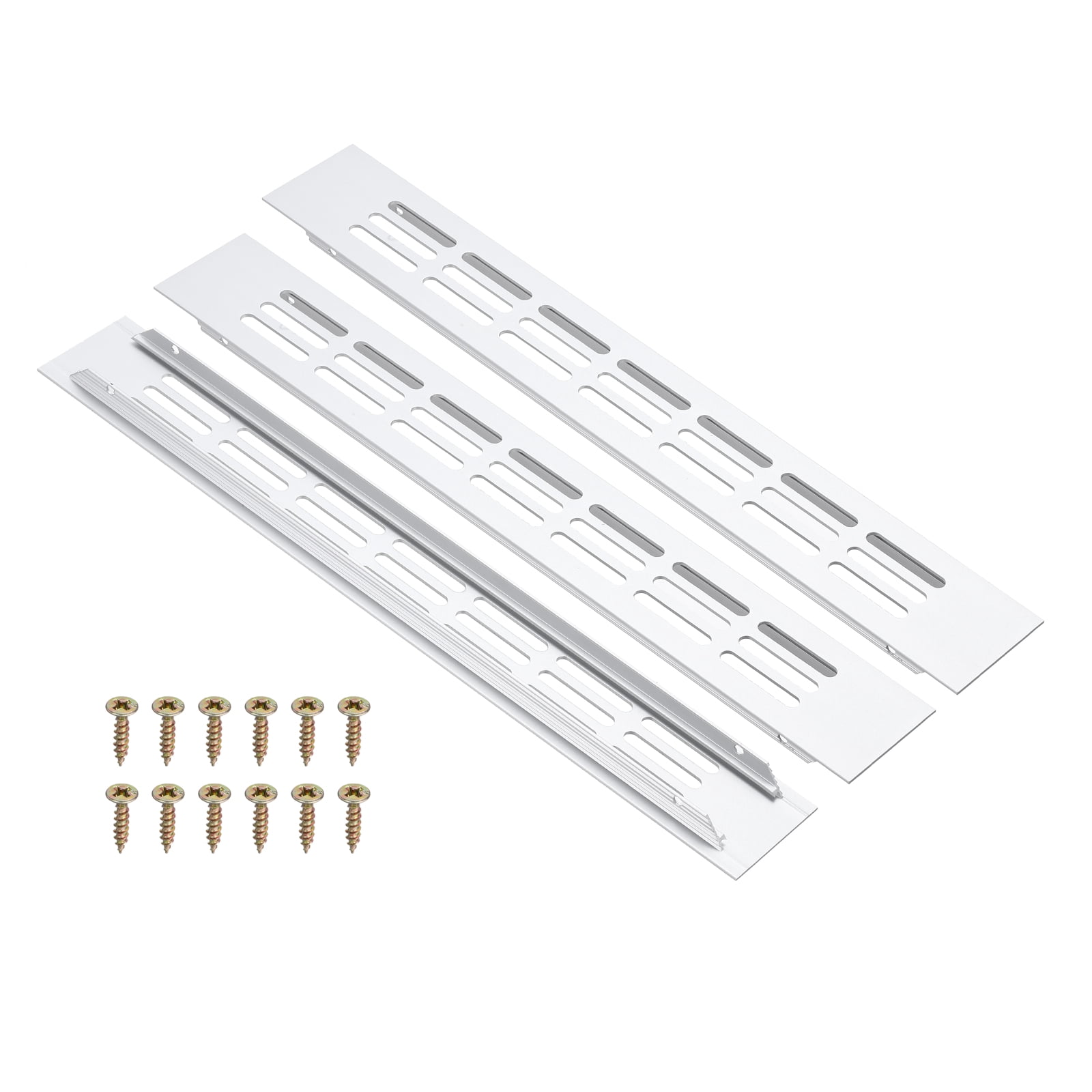 Uxcell 3 Pcs Door Air Vent Cover, 12 x 1.7 (Outer Dimensions) Inch Aluminum Louvered Ventilation Grille Rectangle Toe Kick Vent with Mounting Screws for Shoe Cabinet Wardrobe, Silver
