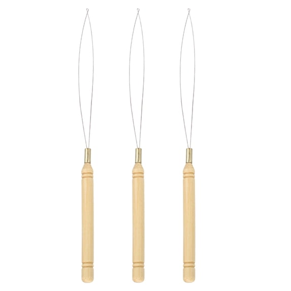 Uxcell 3 Pcs Hair Extension Loop Needle Threader, Pulling Hook Tool for Micro Nano Beads Bohemian Dreadlocks Hair Feather Extensions Crochet Braiding - Wooden Handle