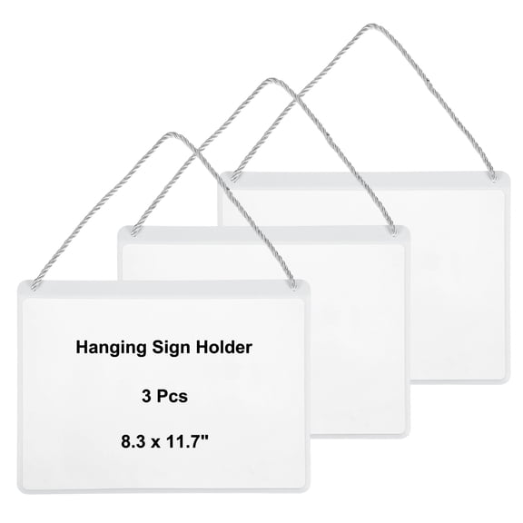 Uxcell 3 Pcs Hanging Sign Holder, A4 Horizontal 8.3 x 11.7 inch Advertising Plastic Signage Display Clear Holder Frame for Retail, Supermarket, Cloth Store, Office Posting, White