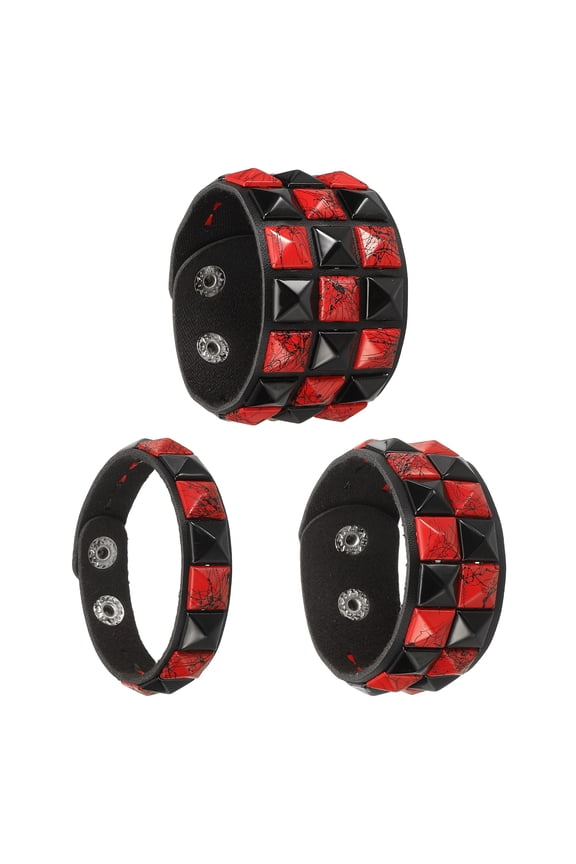 3 Pcs Leather Punk Bracelet 8.7"/22cm Square Rivets Goth Spike Studded Bracelet Adjustable Wristband Cuff Bangle for Halloween Party Favors Emo Grunge Accessories, Dusty Black Red