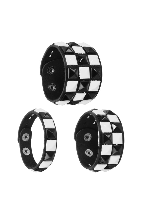 3 Pcs Leather Punk Bracelet 8.7"/22cm Square Rivets Goth Spike Studded Bracelet Adjustable Wristband Cuff Bangle for Halloween Party Favors Emo Grunge Accessories, Black/White