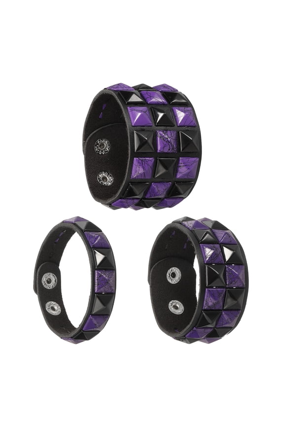 3 Pcs Leather Punk Bracelet 8.7"/22cm Square Rivets Goth Spike Studded Bracelet Adjustable Wristband Cuff Bangle for Halloween Party Favors Emo Grunge Accessories, Black Purple