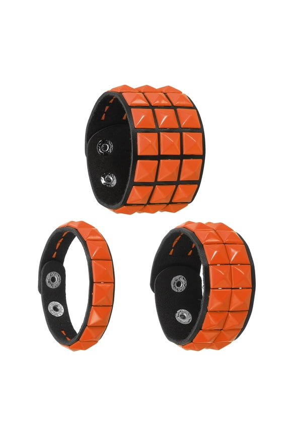 3 Pcs Leather Punk Bracelet 8.7"/22cm Square Rivets Goth Spike Studded Bracelet Adjustable Wristband Cuff Bangle for Halloween Party Favors Emo Grunge Accessories, Orange(Black)