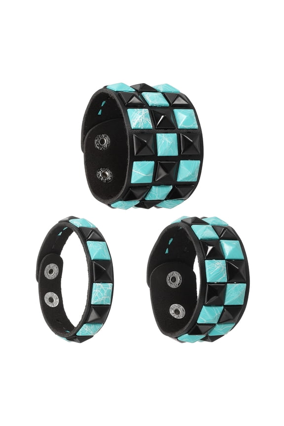 3 Pcs Leather Punk Bracelet 8.7"/22cm Square Rivets Goth Spike Studded Bracelet Adjustable Wristband Cuff Bangle for Halloween Party Favors Emo Grunge Accessories, Light Black Blue