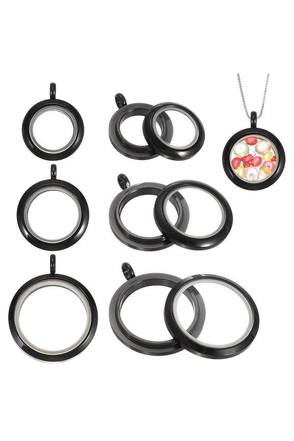 3 Pcs Living Memory Locket Charm, 12.7/18/23mm Round Floating Locket Pendants Stainless Steel Clear Glass Photo Charm for Women Necklace DIY Crafts Making Decoration, Black