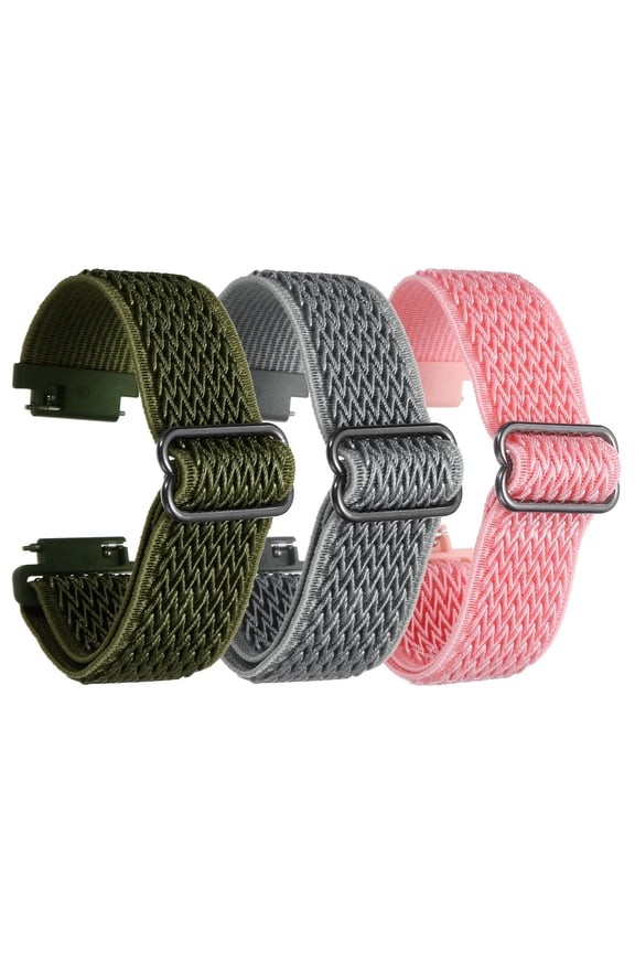 3 Pcs Nylon Elastic Braided Watch Strap 16mm Stretchy Solo Loop Watch Bands Adjustable Quick Release Replacement Wristbands W Slide Buckle for Women Men, Pink/Dark Green/Light Grey