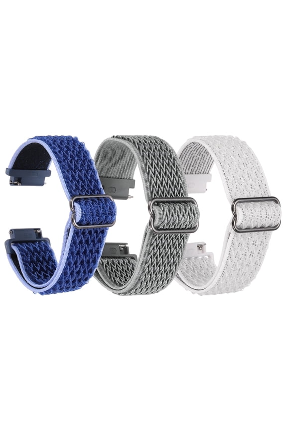 3 Pcs Nylon Elastic Braided Watch Strap 19mm Stretchy Solo Loop Watch Bands Adjustable Quick Release Replacement Wristbands W Slide Buckle for Women Men, White/Dark Blue/Light Grey