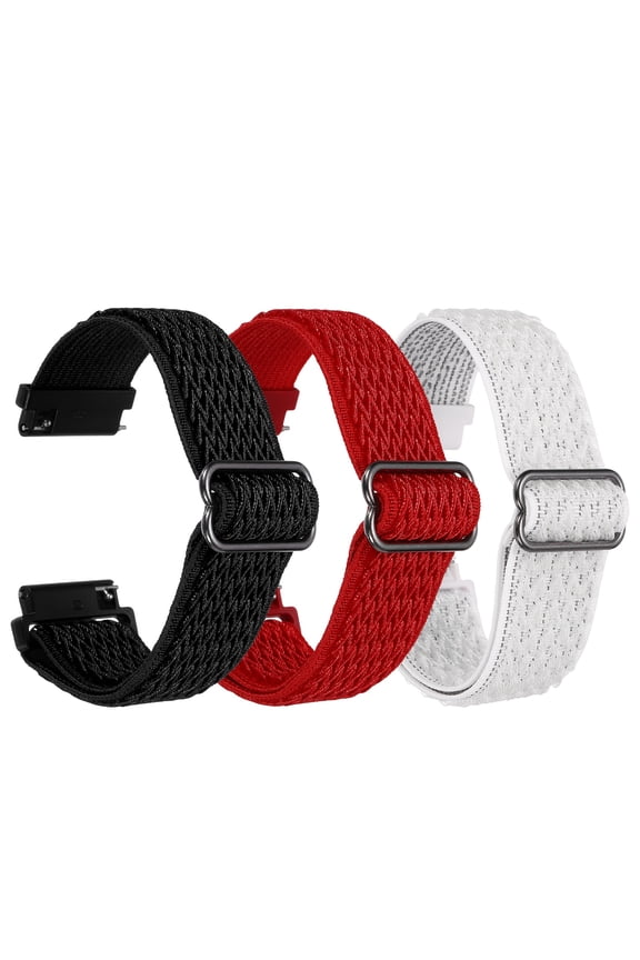 3 Pcs Nylon Elastic Braided Watch Strap 20mm Stretchy Solo Loop Watch Bands Adjustable Quick Release Replacement Wristbands with Slide Buckle for Women Men, Red/Black/White