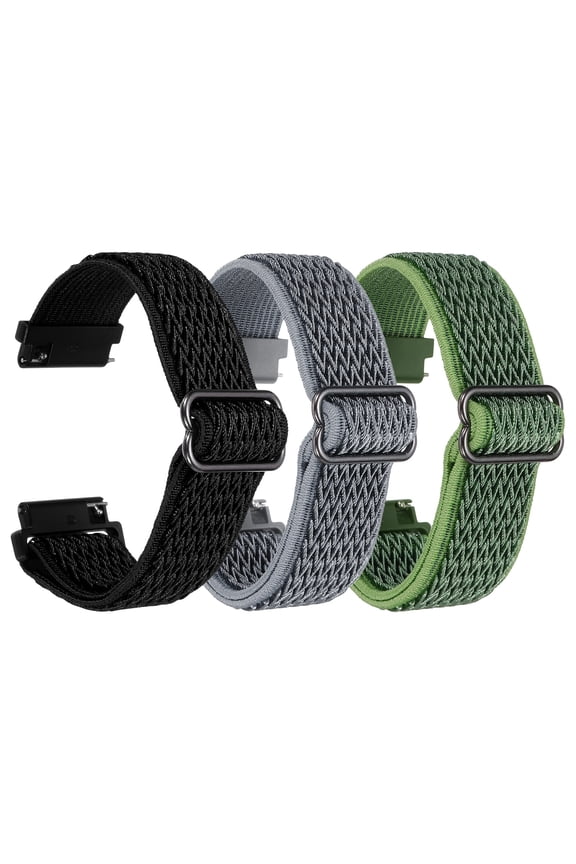 3 Pcs Nylon Elastic Braided Watch Strap 20mm Stretchy Solo Loop Watch Bands Adjustable Quick Release Replacement Wristbands W Slide Buckle for Women Men, Dark Grey/Blck/Light Green