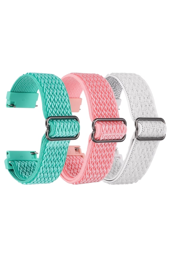 3 Pcs Nylon Elastic Braided Watch Strap 22mm Stretchy Solo Loop Watch Bands Adjustable Quick Release Replacement Wristbands with Slide Buckle for Women Men, Pink/Mint Green/White