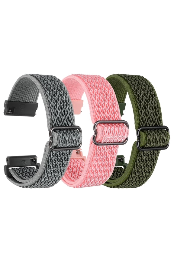 3 Pcs Nylon Elastic Braided Watch Strap 22mm Stretchy Solo Loop Watch Bands Adjustable Quick Release Replacement Wristbands W Slide Buckle for Women Men, Pink/Dark Green/Light Grey