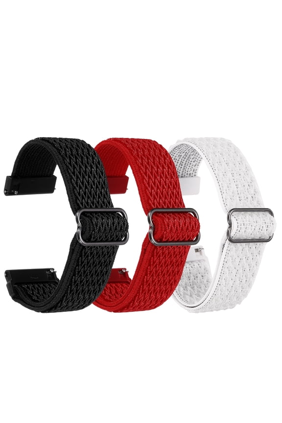 3 Pcs Nylon Elastic Braided Watch Strap 24mm Stretchy Solo Loop Watch Bands Adjustable Quick Release Replacement Wristbands with Slide Buckle for Women Men, Red/Black/White