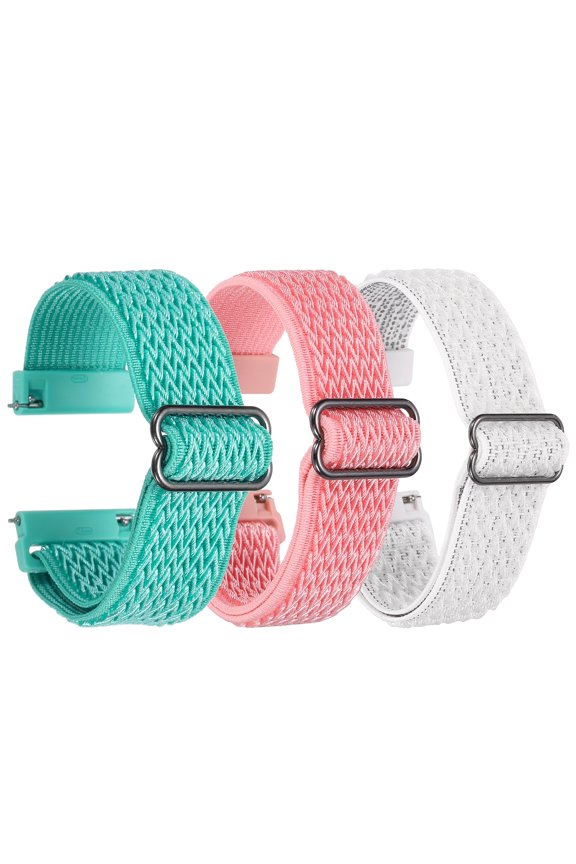 3 Pcs Nylon Elastic Braided Watch Strap 24mm Stretchy Solo Loop Watch Bands Adjustable Quick Release Replacement Wristbands with Slide Buckle for Women Men, Pink/Mint Green/White