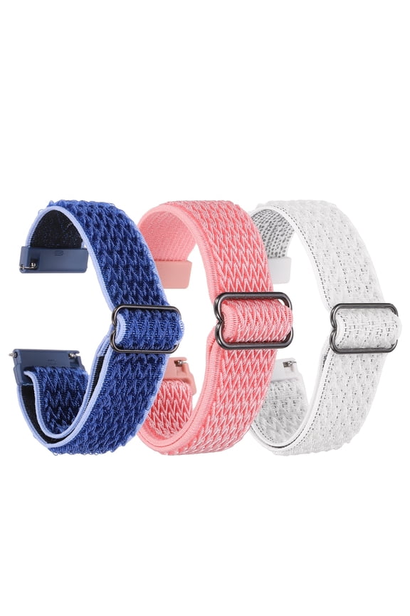 3 Pcs Nylon Elastic Braided Watch Strap 24mm Stretchy Solo Loop Watch Bands Adjustable Quick Release Replacement Wristbands with Slide Buckle for Women Men, White/Pink/Dark Blue