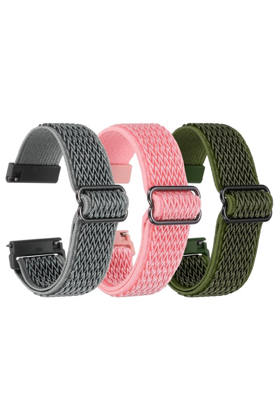 3 Pcs Nylon Elastic Braided Watch Strap 24mm Stretchy Solo Loop Watch Bands Adjustable Quick Release Replacement Wristbands W Slide Buckle for Women Men, Pink/Dark Green/Light Grey