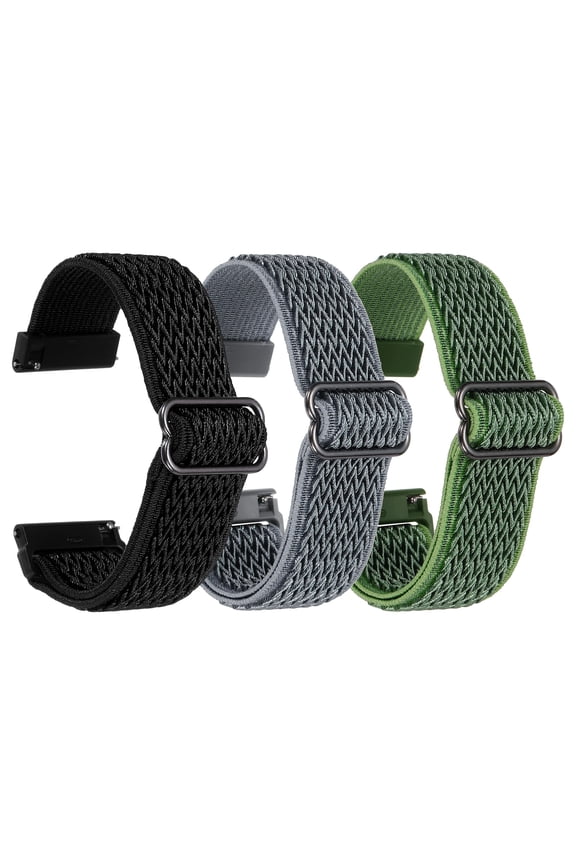 3 Pcs Nylon Elastic Braided Watch Strap 24mm Stretchy Solo Loop Watch Bands Adjustable Quick Release Replacement Wristbands W Slide Buckle for Women Men, Dark Grey/Blck/Light Green