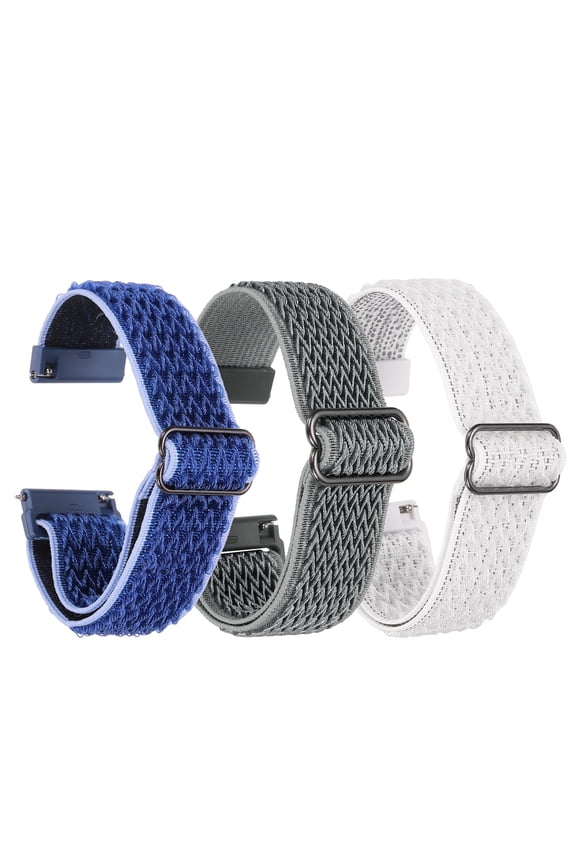 3 Pcs Nylon Elastic Braided Watch Strap 24mm Stretchy Solo Loop Watch Bands Adjustable Quick Release Replacement Wristbands W Slide Buckle for Women Men, White/Dark Blue/Light Grey