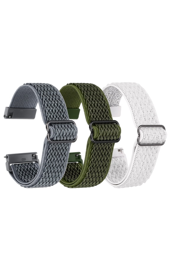 3 Pcs Nylon Elastic Braided Watch Strap 24mm Stretchy Solo Loop Watch Bands Adjustable Quick Release Replacement Wristbands W Slide Buckle for Women Men, Dark Green/Dark Grey/White