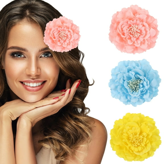 Uxcell 3 Pcs Peony Flowers Hair Clip, 4.7 Inch Artificial Fabric Head Flower for Women Hair Pins Corsage DIY Crafts Clothing Wedding Birthday Party, Pink/Light Blue/Yellow
