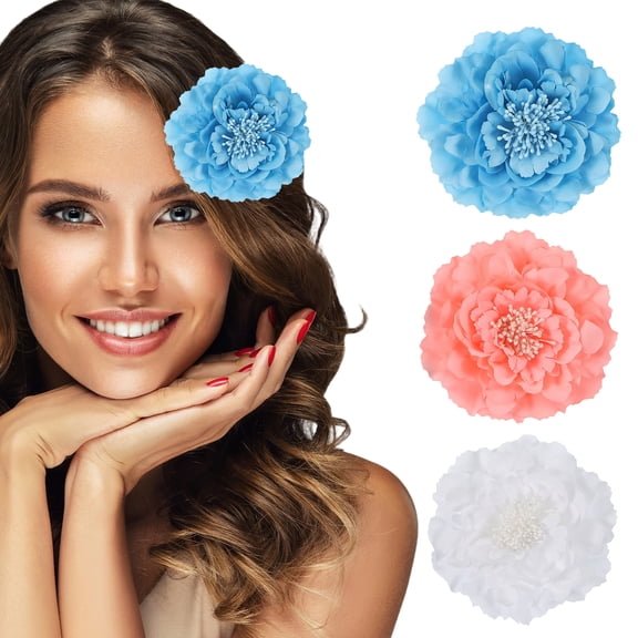 Uxcell 3 Pcs Peony Flowers Hair Clip, 4.7 Inch Artificial Fabric Head Flower for Women Hair Pins Corsage DIY Crafts Clothing Wedding Birthday Party, Blue/Light Pink/White