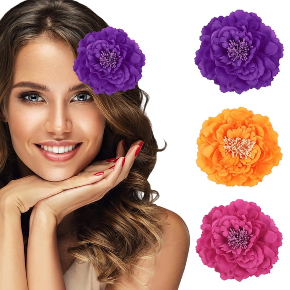 Uxcell 3 Pcs Peony Flowers Hair Clip, 4.7 Inch Artificial Fabric Head Flower for Women Hair Pins Corsage DIY Crafts Clothing Wedding Birthday Party, Purple/Orange/Rose Red