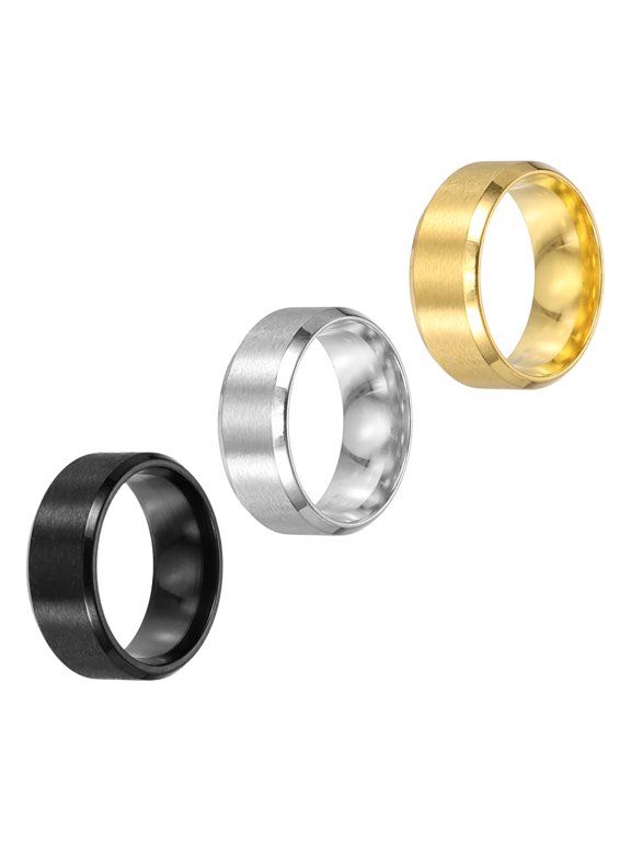 3 Pcs Stainless Steel Ring, 8 mm Plain Ring Blanks Size 7 Matte Brushed Wedding Bends for Men Women, Silver/Black/Gold