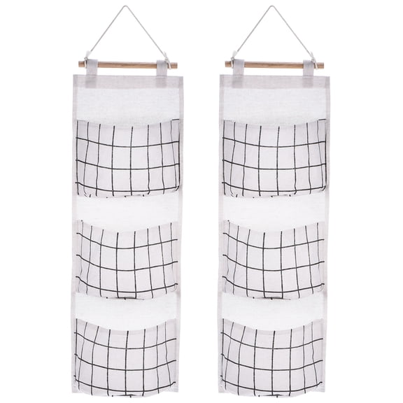 Uxcell 3 Pockets Cotton Linen Waterproof Door Hanging Storage Bags Organizer, Grid White 2 Pack