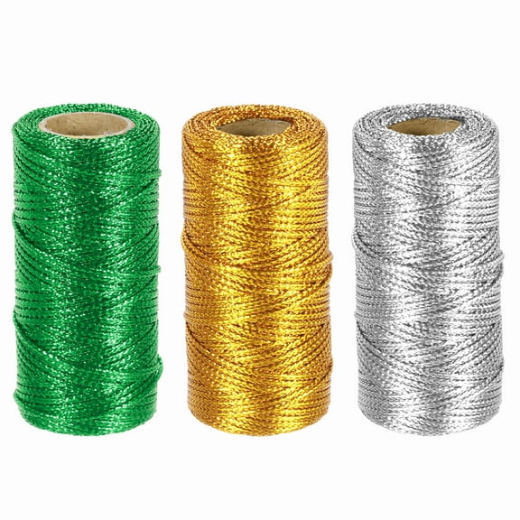 Uxcell 3 Roll 1.5mm Metallic String, 16 Ply Decorative Metallic Bakers Twine Thread Cord Rope for Gift Wrapping DIY Crafts Making Decor, Gold Tone/Silver Tone/Green, 164Yards Total