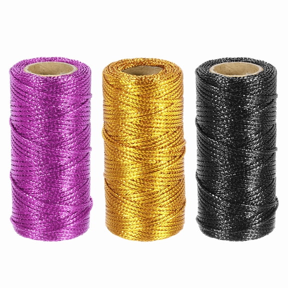 Uxcell 3 Roll 1.5mm Metallic String, 16 Ply Decorative Metallic Bakers Twine Thread Cord Rope for Gift Wrapping DIY Crafts Making Ornament Decor, Black/Purple/Gold Tone, 164Yards Total
