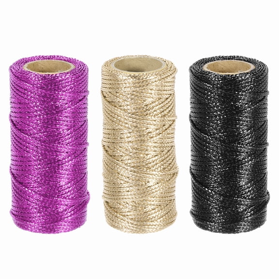 Uxcell 3 Roll 1.5mm Metallic String, 16 Ply Decorative Metallic Bakers Twine Thread Cord Rope for Gift Wrapping DIY Crafts Making Ornament Decor, Black/Purple/Rose Gold, 164Yards Total