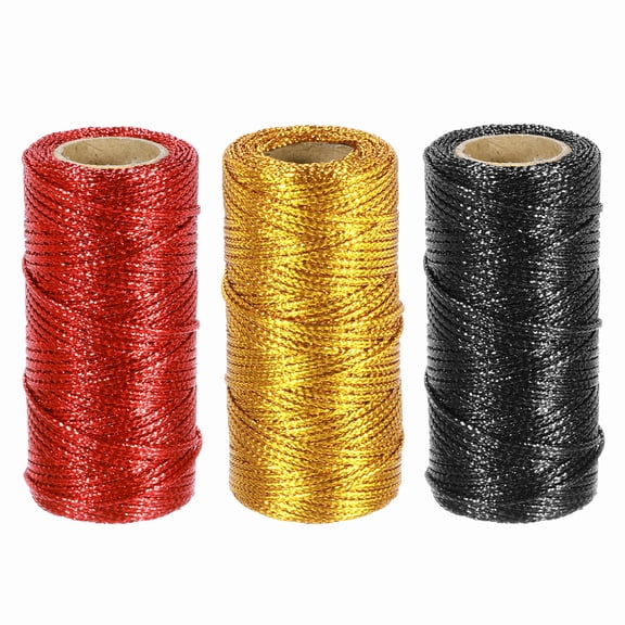 Uxcell 3 Roll 1.5mm Metallic String, 16 Ply Decorative Metallic Bakers Twine Thread Cord Rope for Gift Wrapping DIY Crafts Making Ornament Decor, Gold Tone/Black/Red, 164Yards Total
