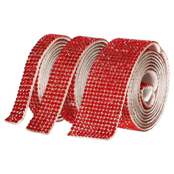 Uxcell 3 Rolls 3 Yards Self Adhesive Crystal Rhinestone Ribbon, Diamond Tape Strips Glitter Ribbon Bling Wrap Crystal Rhinestone Stickers Trim Roll for Crafts Decor, Red