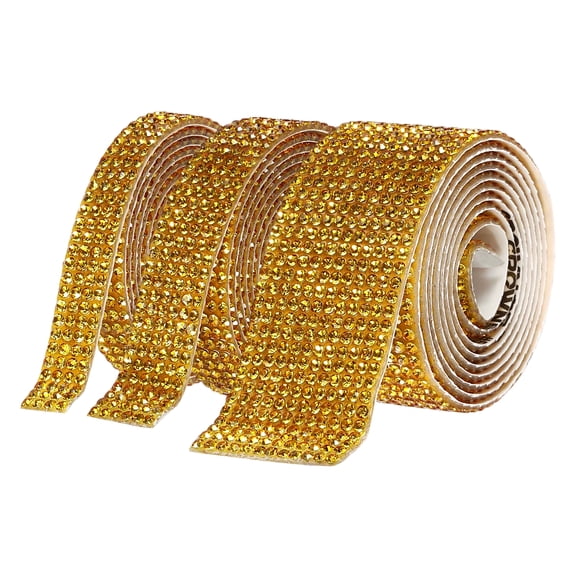Uxcell 3 Rolls 3 Yards Self Adhesive Crystal Rhinestone Ribbon, Diamond Tape Strips Glitter Ribbon Bling Wrap Crystal Rhinestone Stickers Trim Roll for Crafts Decor, Gold