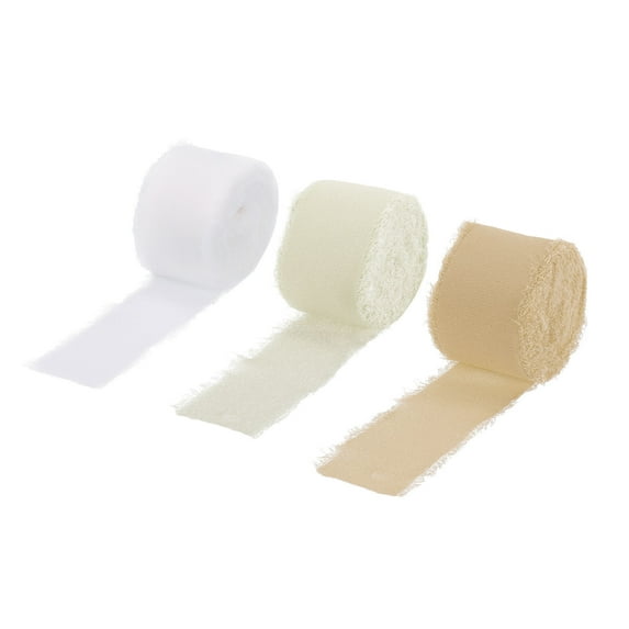 Uxcell 3 Rolls Chiffon Silk Ribbon Fabric Ribbon Handmade Floral Fringe Ribbon Deep Beige Nude White 1-1/2'' 10 Yards