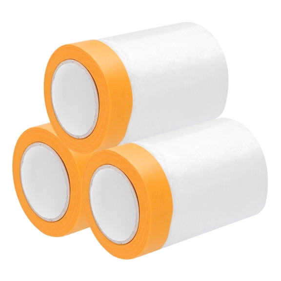 Uxcell 3 Rolls Painters Plastic With Tape, 21.7in x5.9Ft Pre-Taped Masking Film Tape, Yellow/Clear