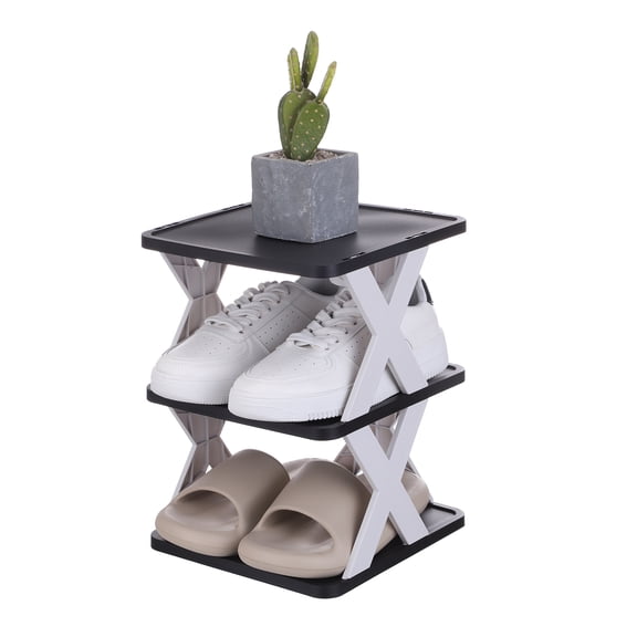 Uxcell 3-Tier Plastic Shoe Rack, Vertical Shoe Rack Stackable Storage Organizer Folding Space-Saving Narrow Slot Shelf for Closet Livingroom Entryway Garage, White/Black
